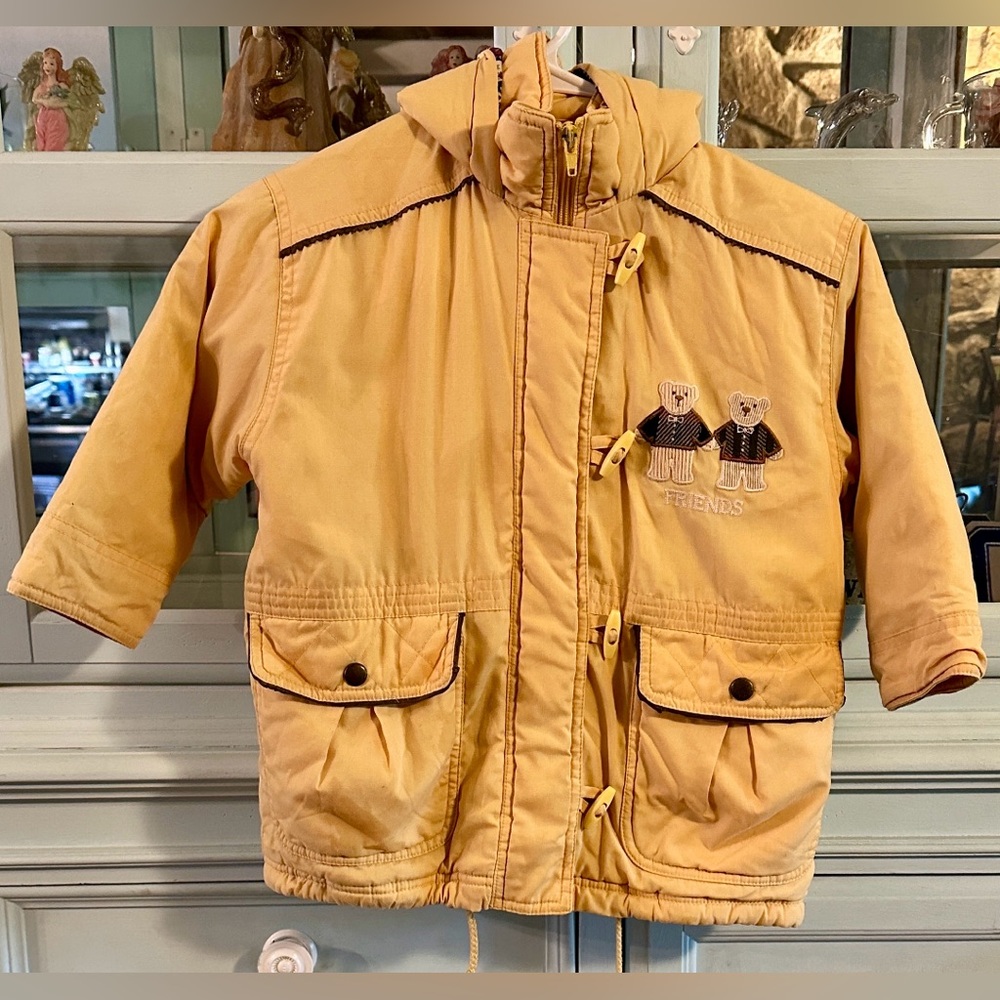 Vintage Kids Yellow Puffer Jacket with Bear Design